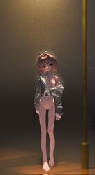  1girl barefoot blank_eyes blurry bottomless breasts cardcaptor_sakura cum cum_on_body depth_of_field disheveled facial full_body green_eyes hair_intakes highres kinomoto_sakura lamppost medium_hair naked_shirt night off_shoulder ryona shirt small_breasts walking wohaimeiyou  rating:Explicit score:65 user:danbooru