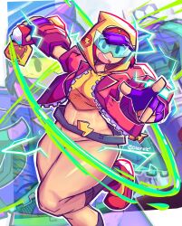  1girl absurdres artist_logo artist_name belt black_socks brawl_stars breasts convenient_censoring dierelc dot_nose fingerless_gloves functionally_nude glasses gloves goggles happy highres hood hoodie jacket lightning_bolt_symbol logo looking_at_viewer max_(brawl_stars) medium_breasts medium_hair navel open_clothes open_jacket open_mouth pointing pointing_at_viewer red_hair shoes socks teeth thick_thighs thighhighs thighs tongue zipper  rating:Questionable score:2 user:Berenjena