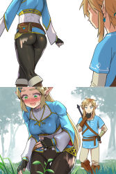 1boy 1girl 2koma @_@ ass blonde_hair blue_eyes blush bodypaint boots bottomless breasts closed_mouth comic commentary_request convenient_censoring day ear_blush earrings exhibitionism fingerless_gloves furrowed_brow gloves grass green_eyes groin hand_on_own_hip hand_on_own_chin jewelry leaning_forward link long_hair long_sleeves looking_at_another looking_at_ass medium_breasts monbetsu_kuniharu nervous nervous_smile nintendo nose_blush open_mouth outdoors painted_clothes pants pointy_ears princess_zelda public_indecency shirt sidelocks smile standing stroking_own_chin sweat the_legend_of_zelda the_legend_of_zelda:_breath_of_the_wild thigh_gap walking wavy_mouth wide-eyed rating:Questionable score:247 user:danbooru