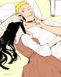 1boy 1girl bad_id bad_pixiv_id bandaged_arm bandages black_hair blonde_hair blue_eyes breasts closed_eyes couple dress facial_mark finger_to_mouth hetero husband_and_wife hyuuga_hinata lying naruto_(classic) naruto_(series) one_eye_closed pillow satomi_(n-s_freedom) sleeping uzumaki_hinata uzumaki_naruto whisker_markings  rating:Sensitive score:158 user:danbooru