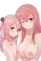 2girls asymmetrical_docking breast_press breasts completely_nude female_focus flower hair_flower hair_ornament height_difference highres incest inui_sajuna inui_shinju large_breasts looking_at_viewer luma_li multiple_girls nipples nude nuzzle one_eye_closed pink_hair purple_eyes siblings simple_background sisters small_breasts sono_bisque_doll_wa_koi_wo_suru upper_body white_background yuri rating:Explicit score:441 user:danbooru