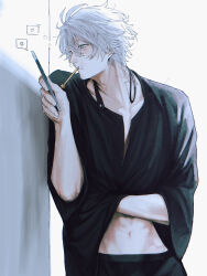  1boy absurdres alternate_costume antenna_hair black_choker black_pantyhose black_shirt blue_eyes cellphone choker half-closed_eyes highres holding holding_phone honkai:_star_rail honkai_(series) ieririr male_focus mouth_hold navel neck_tattoo pantyhose phainon_(honkai:_star_rail) phone shirt smartphone solo standing tattoo white_background yellow_pupils 