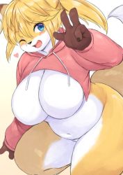 1girl akitaka_(mcdonnell-douglas) blonde_hair blue_eyes blush bottomless breasts fang female_focus fox furry furry_female happy heart hood hoodie large_breasts looking_at_viewer one_eye_closed simple_background smile solo sweater v white_background wink rating:Questionable score:17 user:KemonoLover96