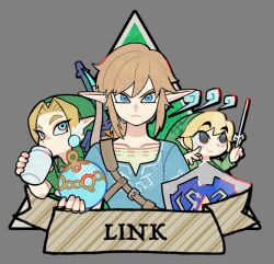  3boys blonde_hair blue_eyes blue_tunic bomb character_name curtained_hair dancho_no_mori drinking earrings explosive fairy frown green_hat green_tunic hat holding holding_bomb holding_jar holding_wand hylian_shield jar jewelry link long_pointy_ears looking_at_viewer low_ponytail male_focus master_sword milk multiple_boys multiple_persona navi nintendo parted_bangs phrygian_cap pointy_ears ponytail shield short_hair short_sleeves sidelocks smile sphere_earrings sword sword_on_back the_legend_of_zelda the_legend_of_zelda:_breath_of_the_wild the_legend_of_zelda:_ocarina_of_time the_legend_of_zelda:_the_wind_waker toon_link tunic wand weapon weapon_on_back wind_waker_(object) young_link 
