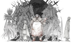  1girl 6+boys apron beard blood blood_on_clothes blot_plot boots butcher cloak commentary_request crossed_arms facial_hair greyscale grin height_difference hood hood_up hooded_cloak hyuba_(kankan33333) jemiru_(kankan33333) kankan33333 karune_(kankan33333) long_hair looking_at_viewer looking_to_the_side mask monochrome monster monster_boy monster_girl multiple_boys original short_hair simple_background sketch skull smile spot_color standing waving white_background 