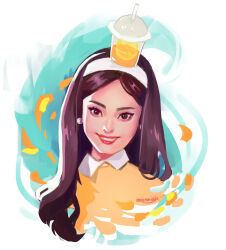  1girl brown_hair collared_shirt commentary cup earrings english_commentary eyeshadow headband highres jewelry k-pop long_hair makeup mascara moonmistix nana_(after_school) orange_caramel pearl_earrings pink_eyeshadow pink_lips real_life shirt signature solo upper_body white_headband 