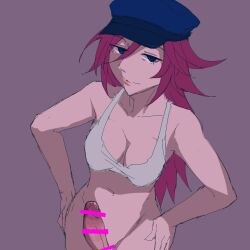  1futa blue_eyes bottomless breasts cowboy_shot crop_top erection futanari hands_on_own_hips hat large_penis long_hair looking_at_viewer medium_breasts peaked_cap penis penis_out pink_hair poison_(final_fight) pongo shirt solo very_long_hair white_shirt 