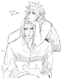  2boys book closed_mouth cloud_strife final_fantasy final_fantasy_vii final_fantasy_vii_advent_children greyscale head_rest holding holding_book leaning_on_person ljnww6 long_hair looking_at_viewer male_focus monochrome multiple_boys sephiroth shirt short_hair slit_pupils spiked_hair translation_request yaoi 