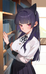  1girl absurdres alternate_breast_size animal_ears ascot black_ribbon black_skirt blunt_bangs blunt_ends blush breasts buttons cat_ears checkered_floor closed_mouth fake_animal_ears fingernails gokou_ruri highres hime_cut large_breasts library long_sleeves looking_at_viewer ore_no_imouto_ga_konna_ni_kawaii_wake_ga_nai pink_eyes pink_nails pleated_skirt ribbon shirt skirt solo upper_body white_ascot white_shirt window yueyueyue_yao 