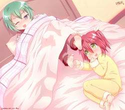 2girls bad_id barefoot bed blue_eyes blush feet green_hair happy highres idfer iwasaki_minami kobayakawa_yutaka lucky_star multiple_girls on_bed one_eye_closed open_mouth pajamas red_hair short_hair short_twintails soles tickling tickling_feet toes twintails yellow_eyes rating:Sensitive score:64 user:danbooru