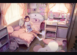 1girl absurdly_detailed_composition alarm_clock backpack bag ball_gag bed bedroom black_eyes black_hair blush book candy cellphone chromatic_aberration clock closed_mouth collar cushion demon_girl demon_tail desk desk_lamp digital_media_player doll_house dress earphones english_text female_focus flower food gag hair_flower hair_ornament highres indoors lamp language_request leash letterboxed loaded_interior loli lollipop long_hair looking_at_viewer model_building muk_(monsieur) no_pants one_eye_closed pen phone randoseru roomscape sailor_collar scissors shoulder_bag sitting smartphone smile socks solo stuffed_animal stuffed_rabbit stuffed_toy tail tiny_evil unworn_backpack unworn_bag white_socks wide_shot wiffle_gag window wooden_floor yuu_(tiny_evil) rating:Questionable score:183 user:danbooru