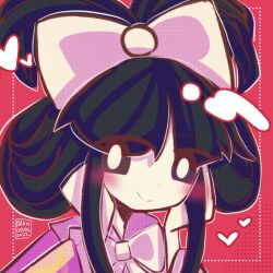  alternate_hairstyle black_eyes black_hair bow bowtie bright_pupils cinnamiku_hairstyle cinnamoroll closed_mouth colored_skin cosplay double_bun fuwa_fuwa_cinnamoroll hair_bow hair_bun hair_ornament hair_over_eyes hands_on_own_face heart highres houraisan_kaguya houraisan_kaguya_(cosplay) imperishable_night long_sleeves looking_to_the_side pink_shirt pink_sleeves profile_picture raisutea red_background ribbon sailor_collar sanrio shirt signature simple_background smile touhou white_bow white_bowtie white_pupils white_ribbon white_skin 