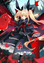  1girl banpai_akira bat_(animal) black_boots black_umbrella blazblue blazblue_alternative:_dark_war boots bow capelet castle cross dress flower frills full_body hair_ribbon highres long_hair looking_at_viewer official_art petals rachel_alucard red_bow red_eyes red_flower red_rose ribbon rose rose_petals smile twintails umbrella very_long_hair 
