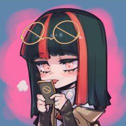  1girl black_hair blunt_bangs blush brown_jacket eyewear_on_head glasses jacket licking long_hair long_sleeves original phantom_ix_row pink_background pink_eyes red_hair round_eyewear solo tongue tongue_out 