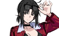 black_eyes black_hair egomeshi glasses hair_tie kara_no_kyoukai looking_at_viewer ryougi_shiki short_hair simple_background smile swimsuit white_background 