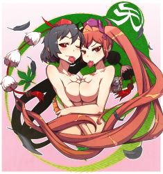 2girls alternate_hair_color bad_id bad_pixiv_id bare_shoulders black_hair blush breast_press breasts brown_hair camera cellphone condom condom_in_mouth feathers female_focus frown hat himekaidou_hatate large_breasts leaf long_hair looking_at_viewer mouth_hold multiple_girls nude one_eye_closed phone pointy_ears purple_eyes red_eyes shameimaru_aya short_hair smile symmetrical_docking take_your_pick taketora_suzume tokin_hat touhou twintails upper_body very_long_hair wink yuri rating:Questionable score:19 user:danbooru