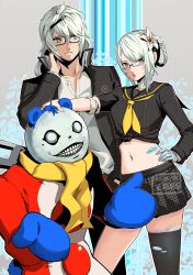  1girl 2boys alternate_costume bandaged_arm bandages bandaid black-framed_eyewear black_jacket black_pants black_sailor_collar black_skirt black_thighhighs brown_eyes collared_shirt commentary cosplay crossover eightyfourart emil_(nier) flower glasses grey_hair hair_flower hair_ornament hand_on_own_hip highres jacket kaine_(nier) kuma_(persona_4) kuma_(persona_4)_(cosplay) midriff multiple_boys navel neckerchief nier nier_(brother) nier_(brother)_(post_timeskip) nier_(series) open_clothes open_jacket pants persona persona_4 sailor_collar school_uniform shirt single_thighhigh skirt stomach thighhighs torn_clothes torn_thighhighs yasogami_school_uniform yellow_neckerchief 
