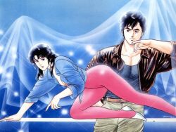  1980s_(style) 1boy 1girl arm_up belt black_hair blue_shirt breasts brown_eyes city_hunter cleavage extended_little_finger grey_eyes houjou_tsukasa jacket kneeling leaning leather leather_jacket long_hair looking_at_viewer looking_sideways oldschool pants pointing retro_artstyle saeba_ryou satou_yumiko shirt short_hair smile smirk socks spandex stirrup_legwear tied_shirt toeless_legwear 