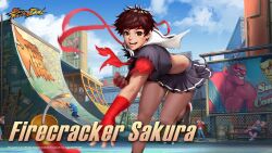  billboard cloud cloudy_sky delinquent e._honda fast_food firecrackers graffiti hakan happy headband highres holding holding_skateboard kasugano_sakura logo official_alternate_costume official_art red_headband school_uniform sitting skateboard sky soot street_fighter street_fighter:_duel streetwear throwing torn_clothes torn_sleeves urban yawning 