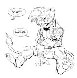  1boy animal_ears animal_nose arm_tattoo artofkurzweil bandaid bandaid_on_cheek bandaid_on_face barefoot biceps claws clenched_teeth collar commentary denim english_commentary english_text facial_scar fiery_tail final_fantasy final_fantasy_vii furry furry_male highres jeans looking_at_another looking_to_the_side male_focus monochrome muscular muscular_male open_clothes open_vest pants pawpads pectoral_cleavage pectorals red_xiii roman_numeral scar scar_on_cheek scar_on_face sitting speech_bubble spiked_collar spiked_hair spikes tail tattoo teeth torn_clothes torn_jeans torn_pants torn_sleeves vest 