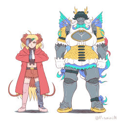  1boy ahoge alphonse_elric armor arms_at_sides belt bird_wings black_hair blonde_hair bow bowtie center_opening closed_mouth coat cosplay dress edward_elric full_body fullmetal_alchemist greater_bird-of-paradise_(kemono_friends) greater_bird-of-paradise_(kemono_friends)_(cosplay) green_hair grey_hair head_wings highres horns kemono_friends kemono_friends_3 kirin_(kemono_friends) kirin_(kemono_friends)_(cosplay) kugimiya_rie long_hair long_sleeves looking_at_viewer metal metamimi microskirt multicolored_hair navel open_clothes open_coat paku_romi prosthesis prosthetic_hand prosthetic_leg purple_hair red_coat shoes simple_background single_thighhigh skirt spikes standing stomach tail thigh_strap thighhighs twitter_username very_long_hair voice_actor_connection white_background white_hair wings zettai_ryouiki 