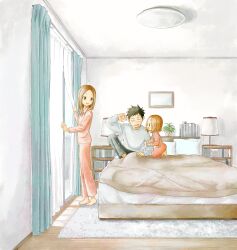 1boy 2girls absurdres barefoot bed blanket book brown_eyes brown_hair child commentary_request curtains family father_and_daughter highres husband_and_wife inaba_mifumi karakai_jouzu_no_(moto)_takagi-san karakai_jouzu_no_takagi-san lamp long_hair long_sleeves mother_and_daughter multiple_girls nishikata nishikata_chii on_bed open_mouth pajamas parent_and_child pillow shelf slice_of_life takagi-san rating:General score:31 user:danbooru