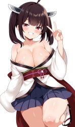  1girl absurdres alternate_breast_size areola_slip blue_skirt breasts brown_hair commentary_request foot_up hand_up highres japanese_clothes kimono large_breasts looking_at_viewer pleated_skirt red_eyes shiguren_39 short_kimono short_yukata skirt solo touhoku_kiritan twintails v voiceroid white_kimono yukata 