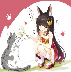  1girl absurdres animal_ear_fluff animal_ears azur_lane bird_hair_ornament black_hair cat chinese_commentary chinese_text dress flat_chest fox_ears fox_girl hair_ornament hamiro highres jewelry long_hair nagato_(azur_lane) necklace open_mouth pleated_dress red_dress socks squatting strapless strapless_dress translation_request very_long_hair white_socks yellow_eyes 