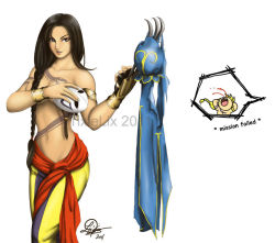  1boy 1girl alternate_costume alternate_hairstyle armband balrog balrog_(cosplay) blonde_hair blood blue_dress bracelet braid breasts brown_eyes brown_hair capcom china_dress chinese_clothes chun-li claw_(weapon) commentary_request cosplay covering_breasts covering_privates crossdressing dated dress gloves holding holding_unworn_clothes jewelry long_braid long_hair looking_at_viewer mask midriff navel nosebleed pants pectorals sash signature simple_background single_braid single_glove smile standing street_fighter tattoo thick_thighs thighs tixie_lix topless_female topless_male torn_clothes unworn_mask vega_(street_fighter) very_long_hair watermark weapon white_background 