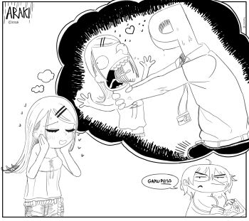  1boy 2girls araki_hina bulge codismal erection erection_under_clothes gakuen_idolmaster greyscale hair_ornament hairclip highres idolmaster idolmaster_cinderella_girls long_hair monochrome multiple_girls p-head_producer parody producer_(idolmaster) shinosawa_hiro simple_background stan_kelly strangling style_parody the_simpsons white_background 