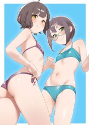  2girls ahoge ass bikini blue-framed_eyewear blue_background blue_bikini blue_nails blunt_bangs blush breasts brown_hair closed_mouth commentary_request cowboy_shot double-parted_bangs flat_chest from_below glasses gluteal_fold green_eyes halterneck holding_hands kantai_collection kishinami_(kancolle) licking_lips looking_at_viewer multiple_girls nail_polish navel okinami_(kancolle) purple_bikini purple_hair purple_nails sakiecho short_hair side-tie_bikini_bottom sidelocks simple_background small_breasts smile standing stomach swimsuit thighs tongue tongue_out yellow_eyes 
