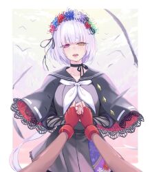  2girls assault_lily bird black_capelet black_cardigan black_choker black_gloves black_hairband black_ribbon black_sailor_collar black_serafuku black_shirt black_skirt blue_flower blunt_bangs blush border bow_hairband brown_gloves buttons capelet cardigan choker cloud commentary_request cowboy_shot crying crying_with_eyes_open day elbow_gloves falling_feathers feathers female_pov fingerless_gloves floral_print flower flower_wreath gloves gradient_sky green_flower hair_ribbon hairband half-closed_eyes hands_up head_wreath heterochromia highres holding_hands kondou_misaka lace lace-trimmed_capelet lace-trimmed_skirt lace_trim long_hair long_sleeves looking_at_viewer low_ponytail mila_(yuta27315) miniskirt multiple_girls neck_ribbon neckerchief nose_blush open_cardigan open_clothes open_mouth outdoors outside_border own_hands_clasped own_hands_together pink_eyes pink_sky pleated_skirt ponytail pov pov_hands print_skirt purple_flower purple_sky raised_eyebrows red_capelet red_flower ribbon ribbon_choker sailor_collar school_uniform serafuku shirt skirt sky standing tears three-quarter_sleeves two-sided_capelet two-tone_gloves very_long_hair white_border white_flower white_neckerchief yamaguchi_chihiro_(assault_lily) yellow_eyes yellow_sky 