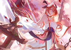 1girl armpits arms_at_sides bare_shoulders black_ribbon breasts chain cleavage cloud cloudy_sky date_a_live dress eyelashes full_moon hair_between_eyes horn_ornament horn_ribbon horns itsuka_kotori lantern large_breasts light_smile long_hair looking_at_viewer looking_to_the_side lulu3677 moon red_eyes red_hair ribbon sidelocks sky solo standing sunset very_long_hair white_dress wind wind_lift rating:General score:9 user:danbooru