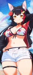  1girl absurdres alternate_breast_size animal_ear_fluff animal_ears bikini bikini_under_clothes bikini_under_shorts black_choker black_hair black_jacket breasts choker cleavage collarbone front-tie_bikini_top front-tie_top hand_on_own_hip highres hololive hololive_gamers jacket leaf_print long_hair medium_breasts navel official_alternate_costume ookami_mio ookami_mio_(hololive_summer_2019) open_clothes open_jacket orange_eyes rainbow red_hair solo stomach swimsuit synapseproperty tail thigh_strap virtual_youtuber white_bikini wolf_ears wolf_girl wolf_tail 