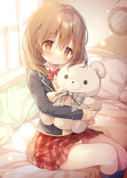  1boy anonymous_crossdresser black_jacket black_socks blazer blush bow bowtie brown_eyes brown_hair cardigan closed_mouth collared_shirt commission crossdressing crossdressing_(mtf) curtains day feet_out_of_frame hair_between_eyes head_tilt highres hugging_doll hugging_object indoors jacket kneehighs legs_together light_particles long_sleeves looking_at_viewer medium_hair microskirt momozu_komamochi on_bed open_clothes open_jacket original panties pantyshot pillow plaid_clothes plaid_skirt pleated_skirt red_bow red_bowtie red_skirt school_uniform shiny_skin shirt signature sitting skeb_commission skirt sleeves_past_wrists smile socks solo stuffed_animal stuffed_toy teddy_bear trap underwear white_panties white_shirt yellow_cardigan 