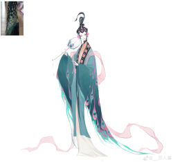  1girl absurdres aqua_hanfu black_hair closed_eyes closed_mouth eyeshadow forehead_jewel full_body hagoromo hair_ornament hand_fan highres holding holding_fan jin_renshi lipstick long_sleeves makeup original peacock_print personification red_lips reference_inset shawl short_hair simple_background smile solo standing topknot tuanshan updo watermark weibo_watermark white_background wide_sleeves 