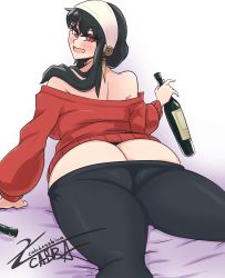 1girl absurdres artist_name ass bare_shoulders black_hair blush butt_crack cabbagebinn clothes_pull from_behind highres long_hair looking_back open_mouth pants pants_pull red_eyes red_sweater solo spy_x_family sweater yor_briar rating:Questionable score:46 user:FabricioDias