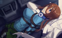  1girl 1other arms_behind_back bdsm black_pantyhose blue_cardigan blue_eyes blush bondage bound bound_arms bound_legs bound_wrists breasts brown_hair cad_(caddo) cardigan cleave_gag cloth_gag commentary commission crotch_rope english_commentary gag gagged go-toubun_no_hanayome grabbing_another&#039;s_ass green_skirt groping hair_between_eyes headphones headphones_around_neck highres improvised_gag kidnapping knot_gag lap_pillow large_breasts long_hair looking_at_viewer nakano_miku pantyhose pixiv_commission restrained rope second-party_source sex_toy shibari shirt skirt solo_focus surprised vibrator white_shirt 