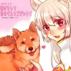  1girl animal_ear_fluff animal_ears arch_bishop_(ragnarok_online) blonde_hair blush breasts cat_ears cat_girl chinese_zodiac commentary_request dated dog dress fang long_hair looking_at_viewer medium_breasts open_mouth pink_background ragnarok_online red_dress red_eyes shiba_inu shirokuro_(erisnoa) smile solo translation_request two-tone_dress upper_body white_dress year_of_the_dog 