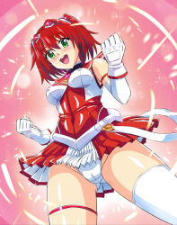  1girl :d asu_(hengaya) blush breasts cameltoe choukou_(alicesoft) choukou_taisen_escalation_heroines clenched_hands covered_erect_nipples covered_navel cowboy_shot elbow_gloves esca_ruby from_below gloves gluteal_fold green_eyes groin hair_between_eyes hair_ornament highres looking_at_viewer magical_girl medium_breasts miniskirt open_mouth panties pantyshot pink_background pleated_skirt red_hair red_skirt sailor_collar shiny_clothes shiny_skin short_hair single_thighhigh skin_tight skirt sleeveless smile solo sonozaki_akari sparkle standing thigh_strap thighhighs twintails underwear upskirt white_gloves white_panties white_thighhighs 