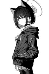  1girl absurdres animal_ears blue_archive cat_ears choker closed_mouth commentary extra_ears from_side furrowed_brow greyscale hair_ornament hairclip halo hand_in_pocket highres hood hood_down hooded_jacket jacket kazusa_(blue_archive) long_sleeves looking_at_viewer monochrome pantyhose pleated_skirt sakana_(whhy8883) short_hair skirt solo standing white_background 