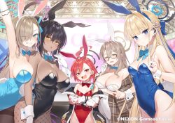  5girls ;) ^_^ akane_(blue_archive) akane_(bunny)_(blue_archive) animal_ears arm_up armpits asuna_(blue_archive) asuna_(bunny)_(blue_archive) bare_legs bare_shoulders black_hair black_halo black_leotard blonde_hair blue_archive blue_bow blue_bowtie blue_eyes blue_halo blue_leotard bow bowtie braid breasts brown_hair brown_halo brown_pantyhose cleaning_&amp;_clearing_(blue_archive) cleavage clenched_teeth closed_eyes commentary_request dark-skinned_female dark_skin detached_collar fake_animal_ears grin halo highleg highleg_leotard karin_(blue_archive) karin_(bunny)_(blue_archive) large_breasts leotard long_hair looking_at_viewer medium_breasts multiple_girls neru_(blue_archive) neru_(bunny)_(blue_archive) official_alternate_costume one_eye_closed open_mouth pantyhose playboy_bunny rabbit_ears red_bow red_bowtie red_eyes red_hair red_leotard single_braid small_breasts smile teeth toki_(blue_archive) toki_(bunny)_(blue_archive) v white_leotard yellow_eyes yuuki_hagure 