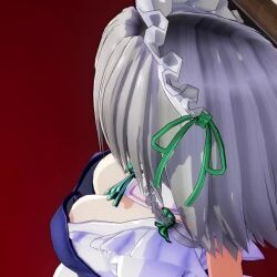  1girl 3d animated blue_eyes bouncing_breasts breast_focus breasts cleavage downblouse from_above grey_hair highres izayoi_sakuya large_breasts looking_at_viewer looking_up maid maid_headdress mofumoko5 no_bra open_mouth smile solo tongue touhou video walking 