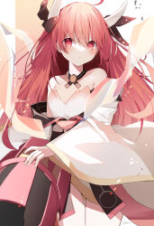 1girl absurdres ahoge bare_shoulders black_choker black_ribbon black_sash blush breasts choker cleavage date_a_live dress framed hair_between_eyes highres holding holding_weapon horn_ornament horn_ribbon horns itsuka_kotori jam_(jamjam777) long_hair long_sleeves looking_at_viewer multicolored_hair red_eyes red_hair ribbon sash sidelocks simple_background small_breasts solo very_long_hair weapon white_dress white_sleeves wide_sleeves rating:Sensitive score:7 user:danbooru