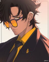  1boy artist_name black-framed_eyewear black_hair black_jacket black_necktie black_suit brown_hair closed_mouth collared_shirt ear_piercing earrings formal_clothes glasses highres indie_virtual_youtuber jacket jewelry kite_hasegawa looking_at_viewer male_focus necktie piercing portrait shirt short_hair signature simple_background solo sueesueesue suit sunglasses vest yellow_eyes yellow_shirt 