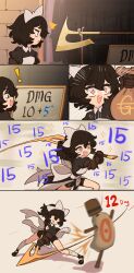  ! 1girl absurdres aged_down apron black_dress black_hair black_shoes centurii-chan damage_numbers dress dummy executioner_maid_(centurii-chan) halberd highres holding holding_polearm holding_weapon open_mouth original polearm shoes short_hair socks solo sparkling_eyes swinging_weapon weapon white_apron white_socks 