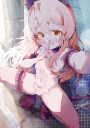  1girl :d animal_ear_fluff animal_ears arm_strap armpits blush cat_ears cat_tail collar completely_nude finger_to_mouth highres long_hair looking_at_viewer nipples nude onii-chan_wa_oshimai! open_mouth outdoors oyama_mahiro paw_shoes pink_hair pussy ribs shushing signature smile solo spread_legs squatting tail thigh_strap uracine_(zakozako1919) yellow_eyes 