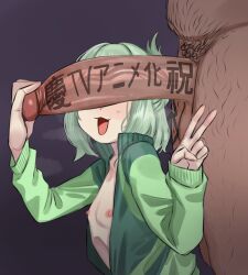  2boys absurdres dark-skinned_male dark_skin erection from_side green_hair green_jacket hand_up highres huge_penis jacket long_sleeves male_focus medium_hair multiple_boys nipples open_clothes open_jacket open_mouth otori_tan penis penis_on_face penis_over_eyes seitokai_ni_mo_ana_wa_aru! simple_background smile solo_focus sunsalsexy trap uncensored v yaoi 