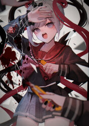  1girl absurdres black_bow black_shirt blood blue_eyes blurry bow boxcutter chouzetsusaikawa_tenshi-chan chouzetsusaikawa_tenshi-chan_(dark_angel) commentary crack cracked_glass depth_of_field distortion english_commentary female_pov grey_hair grey_skirt hair_bow hand_up heart highres long_sleeves mirror multicolored_hair nail_polish needy_girl_overdose open_mouth pov pov_hands red_bow red_hair red_sailor_collar sailor_collar school_uniform serafuku shirt skirt twintails wny_(wnys_art) 