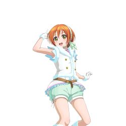  1girl arm_up armpits belt belt_buckle blush brown_belt buckle collared_shirt cowboy_shot frilled_shirt frills fur-trimmed_gloves fur-trimmed_vest fur_trim gloves green_shorts hairband headset hoshizora_rin looking_at_viewer looking_to_the_side love_live! love_live!_school_idol_festival love_live!_school_idol_project necktie official_art open_mouth orange_hair pink_necktie shirt short_hair shorts smile snow_halation solo standing teeth transparent_background upper_teeth_only vest white_gloves white_shirt white_vest yellow_eyes 